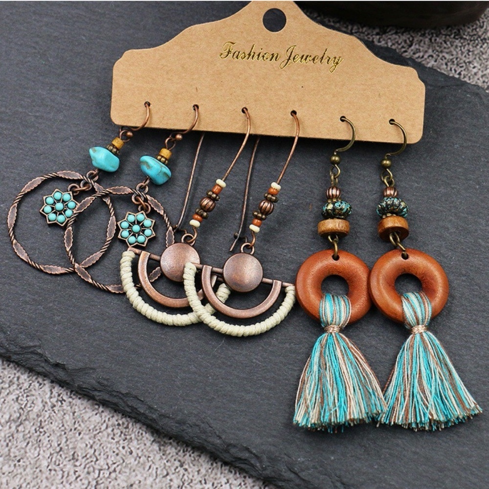 Drop & Tassel Earring Set Trio in Colors of Turquoise and Brown #2034
